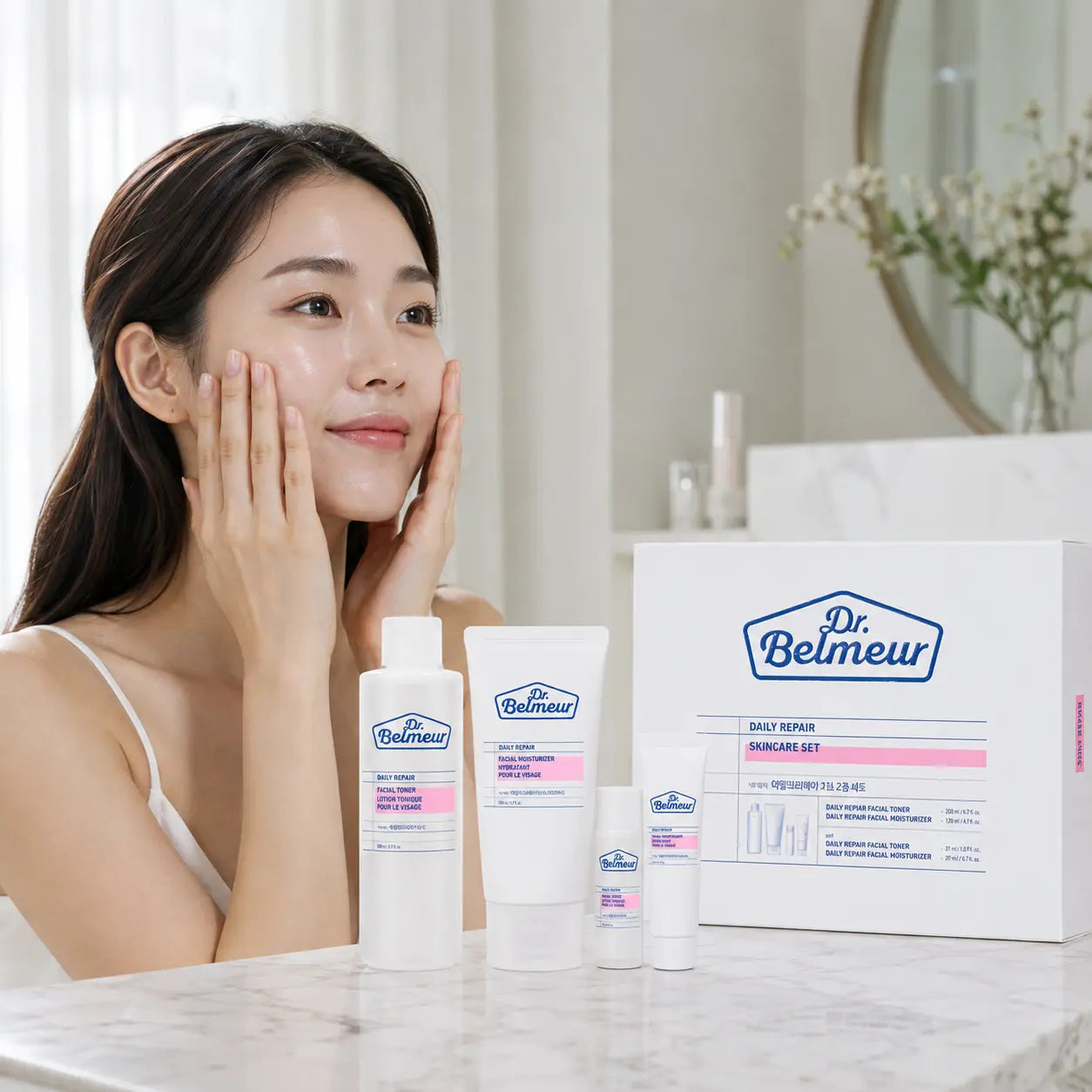 Woman pressing Dr.Belmeur Daily Repair moisturizer into clean skin