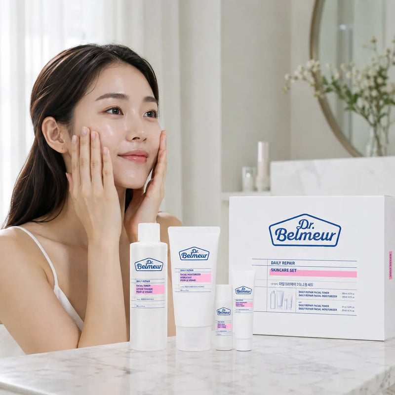 Woman pressing Dr.Belmeur Daily Repair moisturizer into clean skin