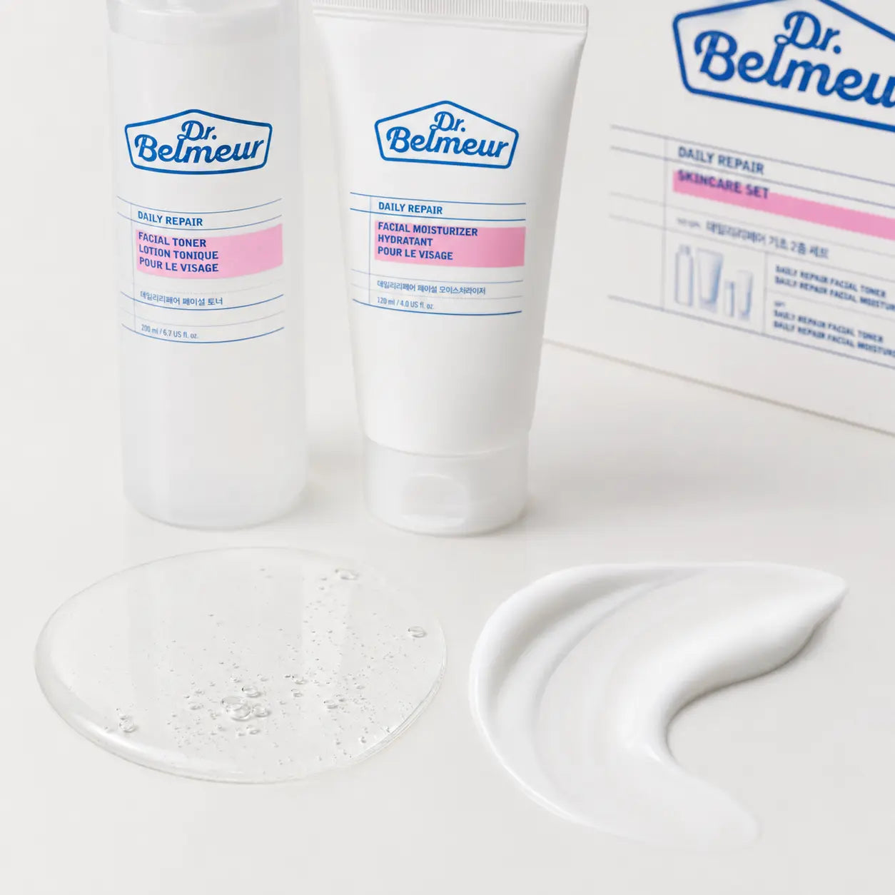 Close-up of Dr.Belmeur Daily Repair cushioned toner and lightweight lotion textures