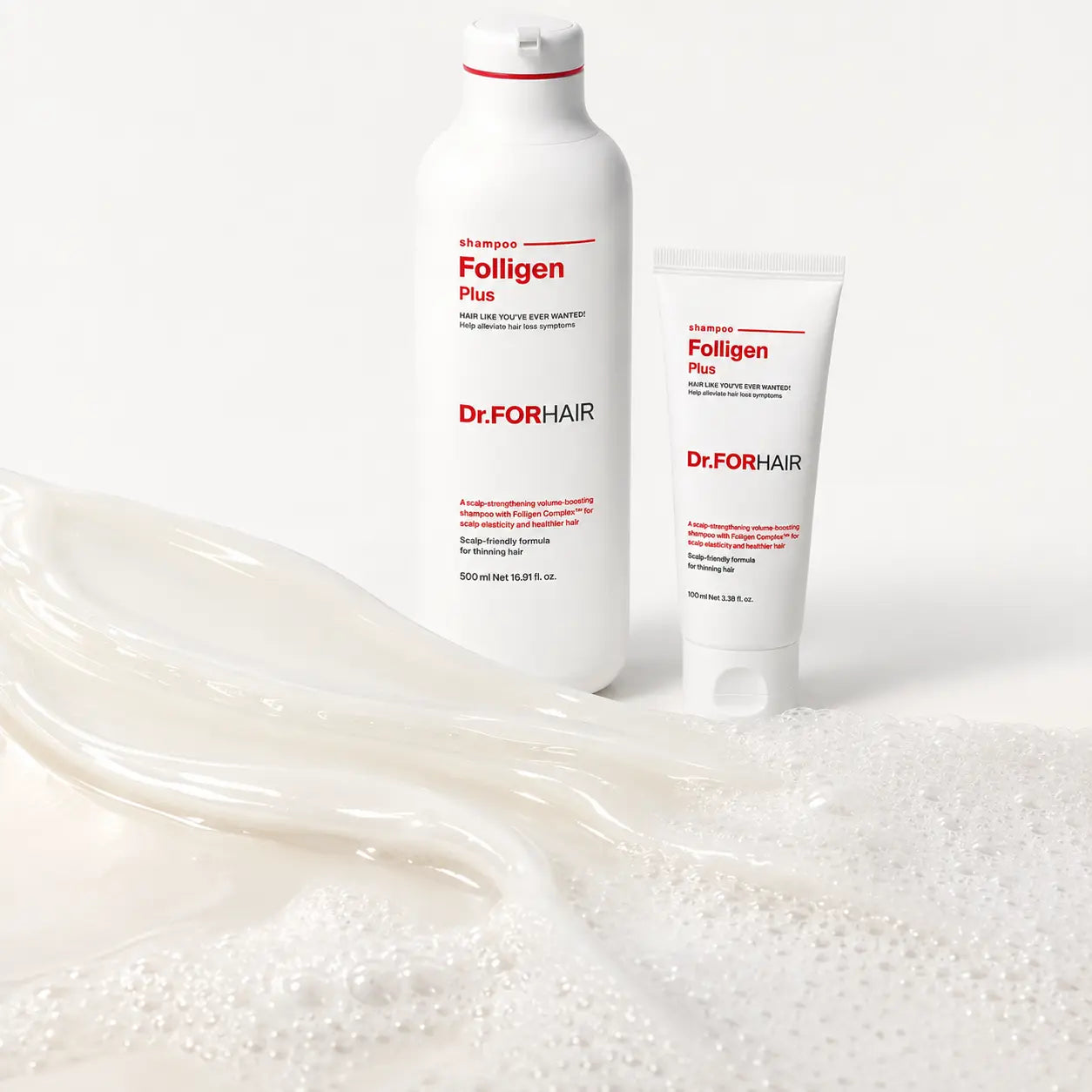 Close-up of Dr.FORHAIR Folligen Plus pearly shampoo gel and fine foam texture