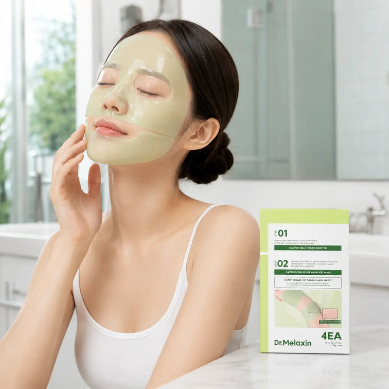 Two-piece Dr.Melaxin Cactox hydrogel mask applied to the face