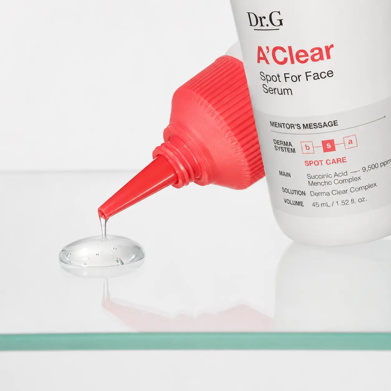 Clear lightweight gel texture dispensed from Dr.G A'Clear serum nozzle