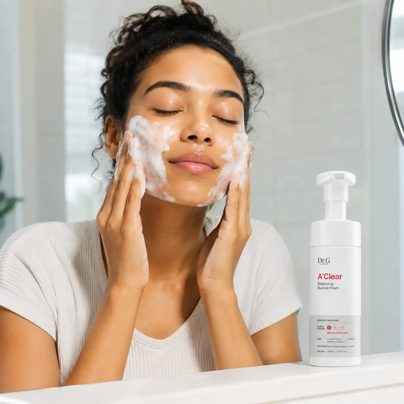 Gently cleansing the face with Dr.G A'Clear Balancing Bubble Foam