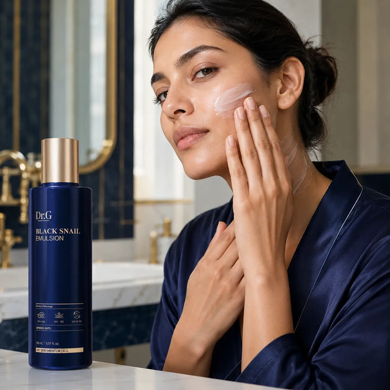 Smoothing Dr.G Black Snail Emulsion over face and neck