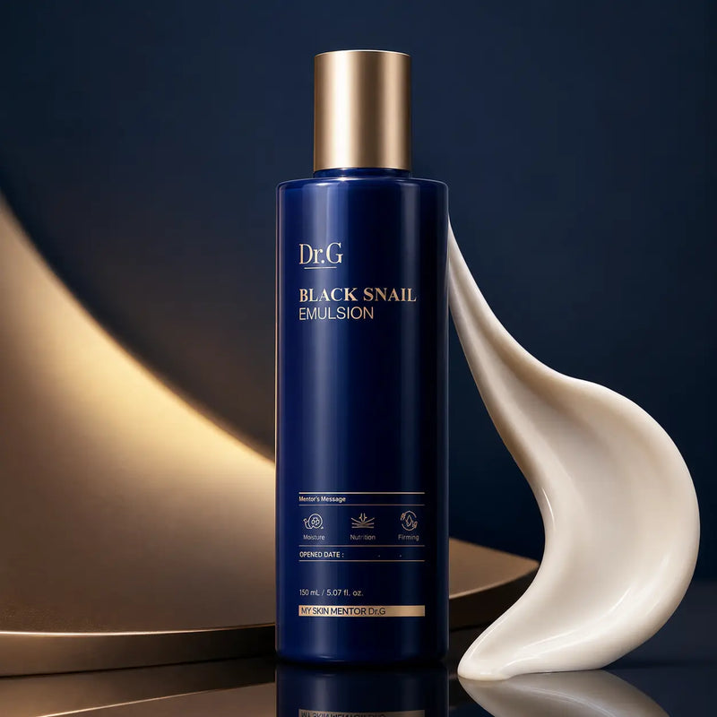 Dr.G Black Snail Emulsion 150 ml navy and gold bottle with fluid lotion