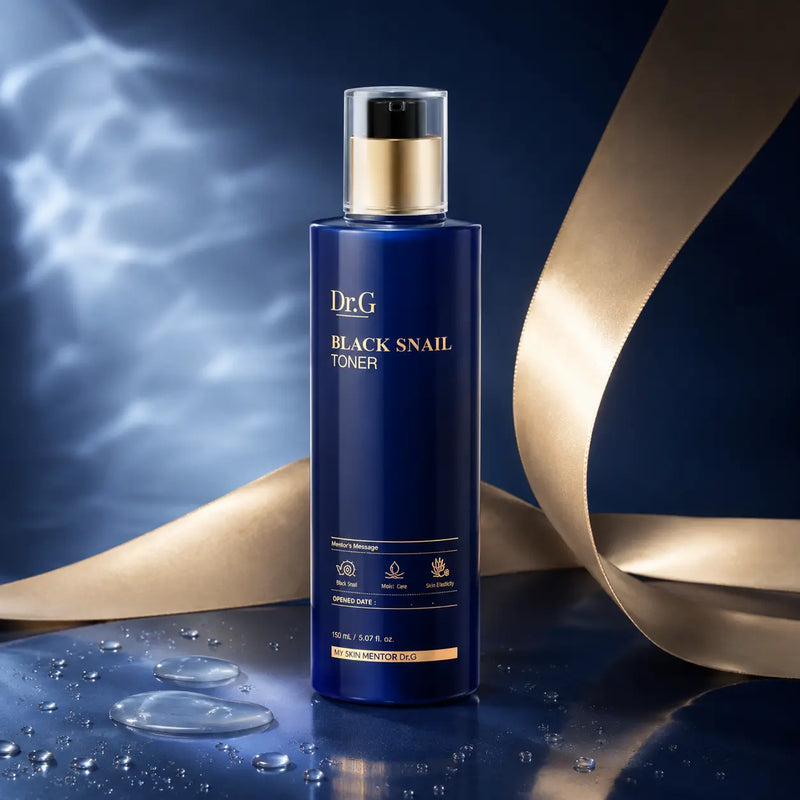 Dr.G Black Snail Toner 150 ml navy and gold pump bottle with clear toner