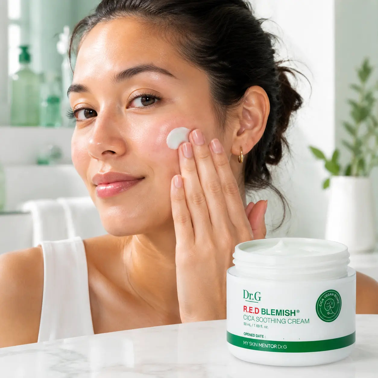Applying Dr.G R.E.D Blemish Cica Soothing Cream to sensitive-feeling skin