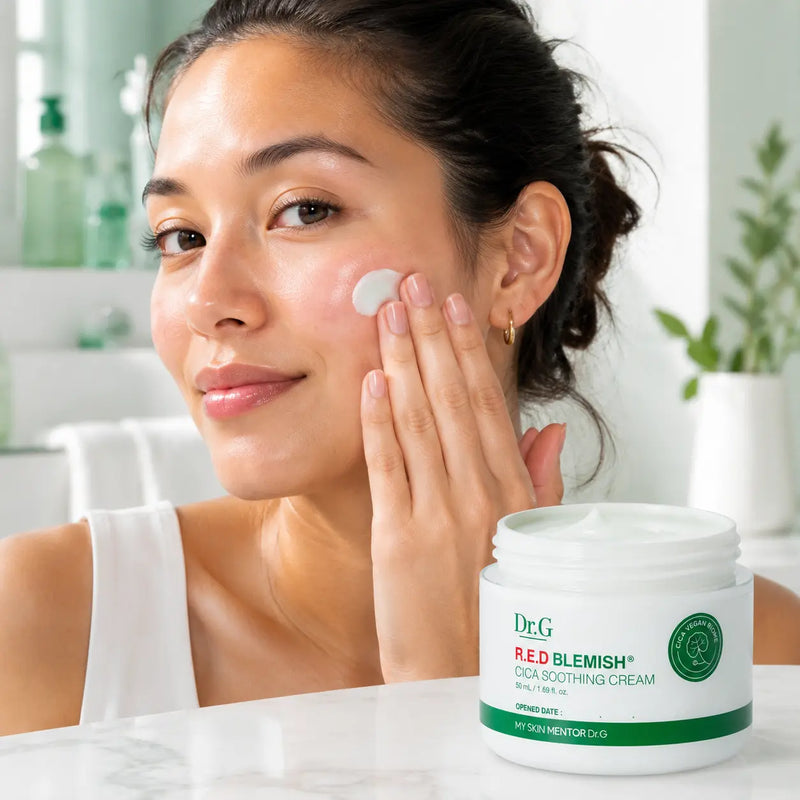 Applying Dr.G R.E.D Blemish Cica Soothing Cream to sensitive-feeling skin
