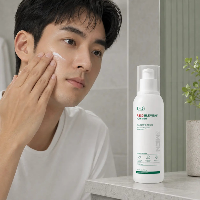 Man applying Dr.G R.E.D Blemish For Men All In One Fluid after shaving