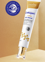 ProtoClinical k-beauty Collagen Eye Cream Sadoer for Fine Lines product graphic with a centered pale cream tube, warm gold side panels, and a soft beige background