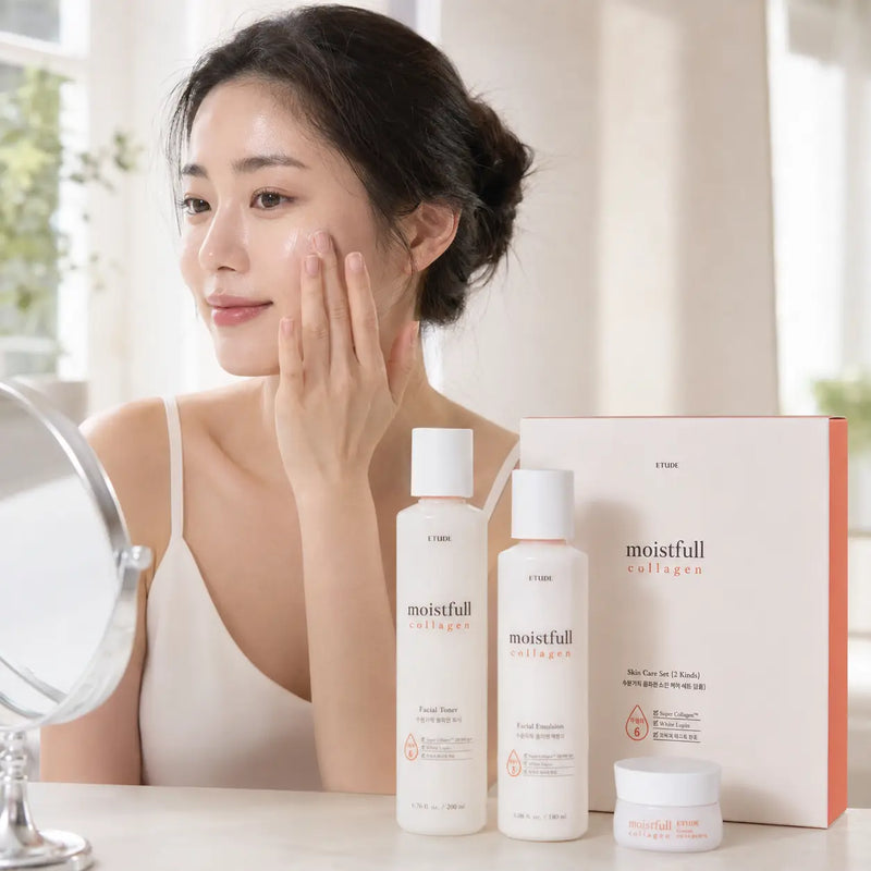 ETUDE Moistfull Collagen toner, emulsion and cream in a hydrating routine