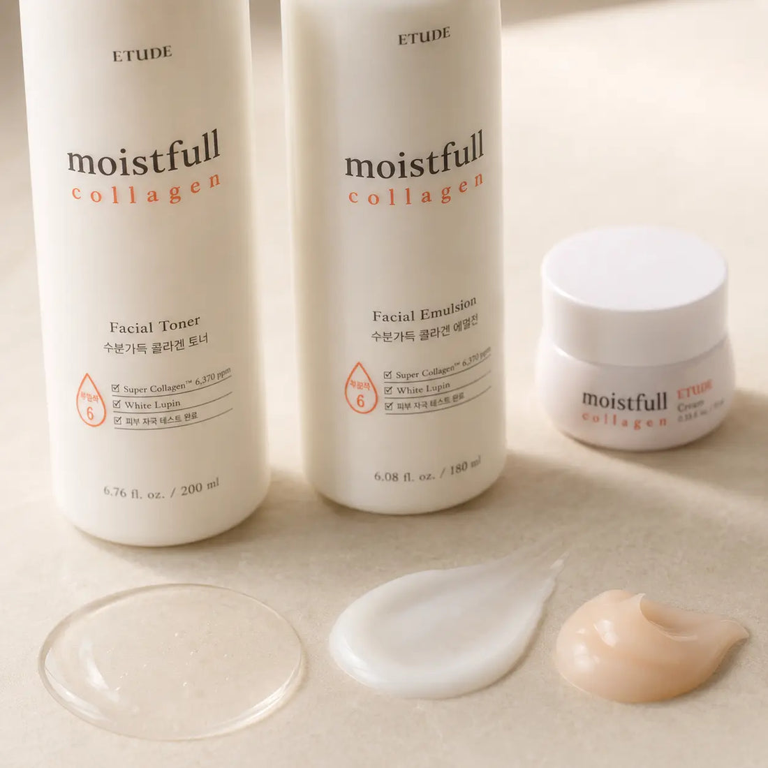 Cushiony clear toner, silky milky emulsion and pale-apricot gel-cream; dewy finish