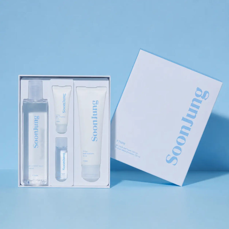 ETUDE SoonJung skincare set with 350 ml toner, 130 ml emulsion and two minis