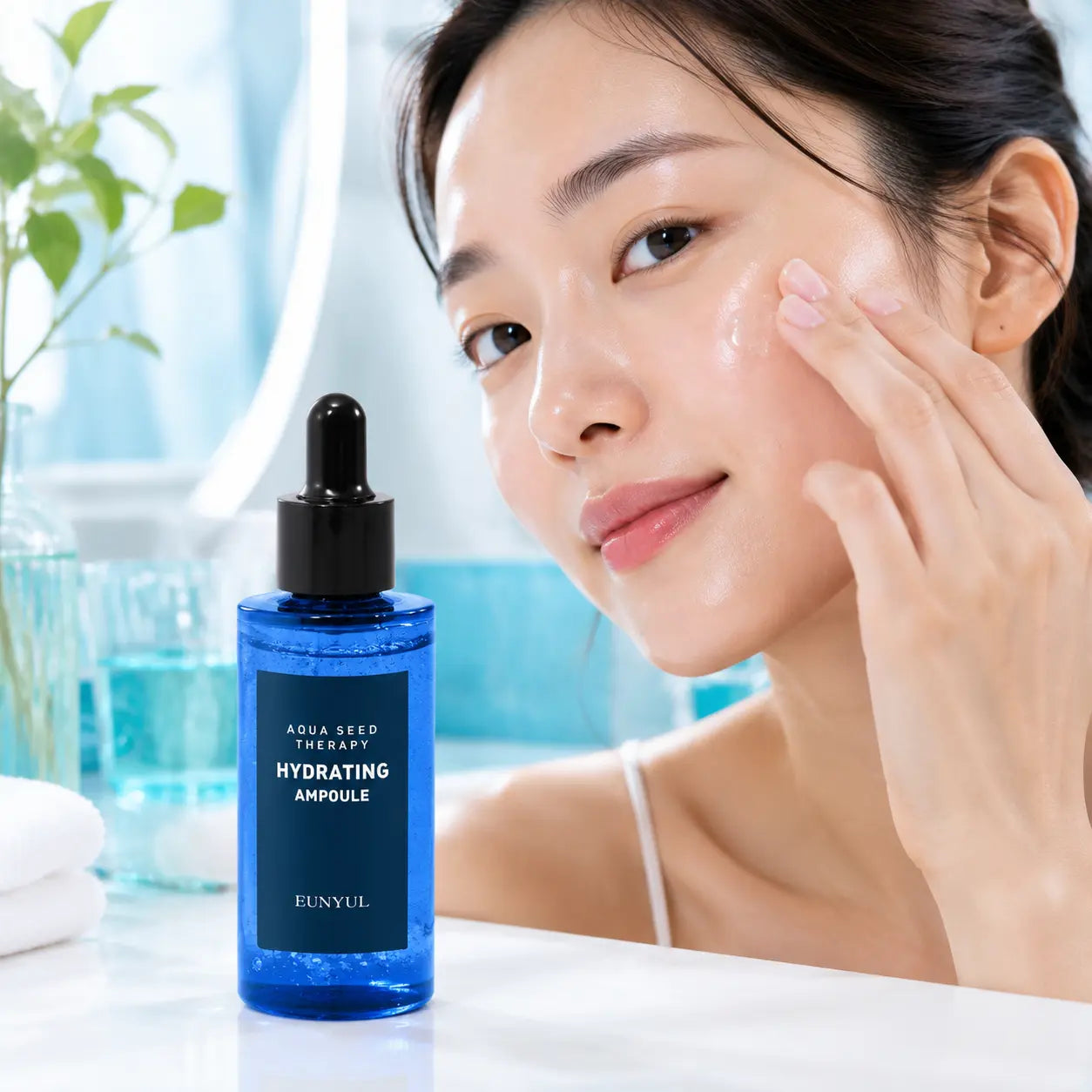Applying EUNYUL Aqua Seed Hydrating Ampoule to damp cheek skin