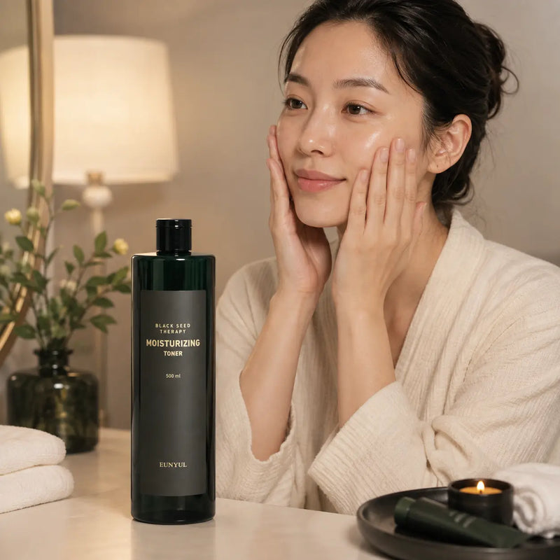 Pressing EUNYUL Black Seed Moisturizing Toner into dry-feeling skin