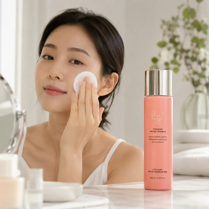 Woman applying EUNYUL Collagen Special Program Skin toner with a cotton pad