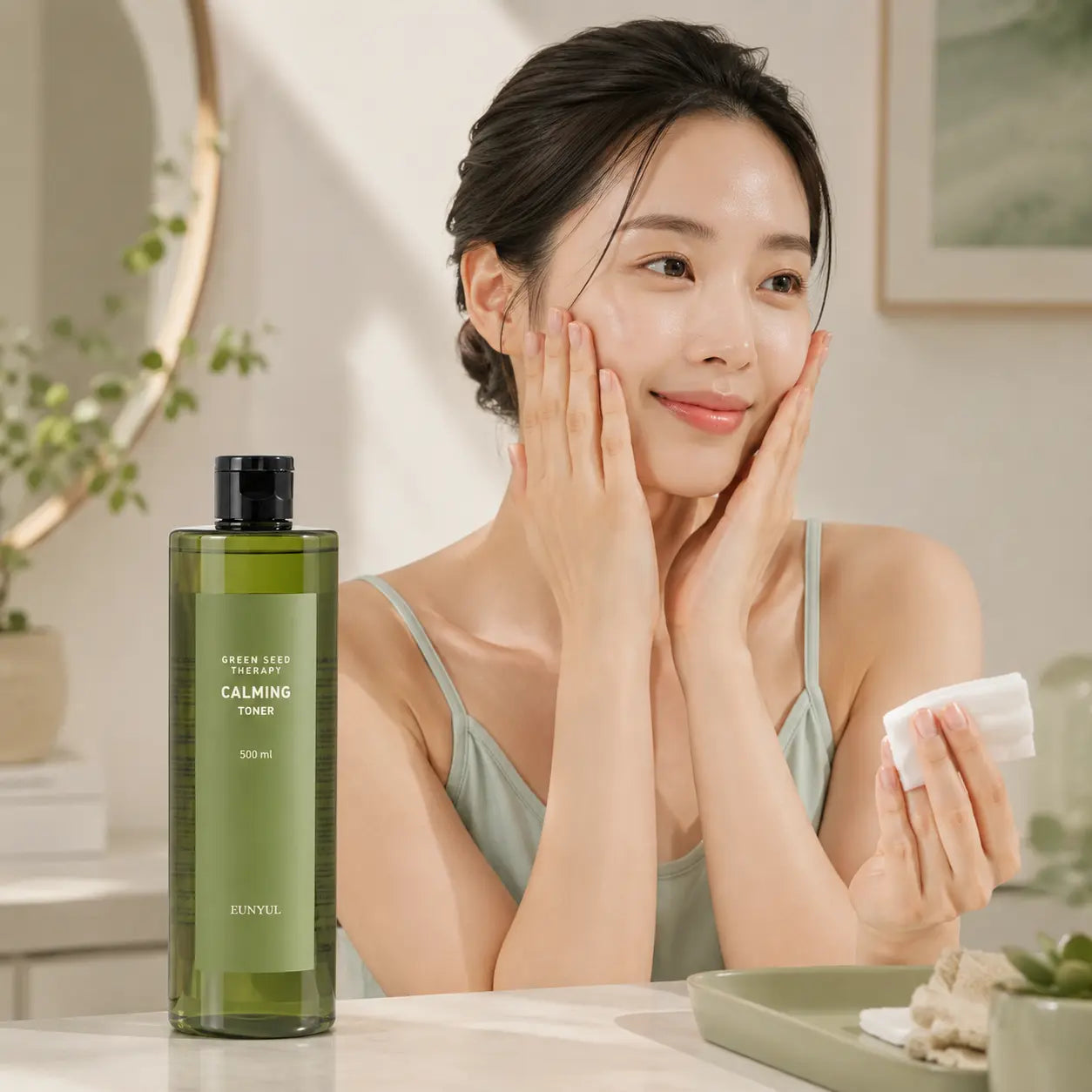Pressing EUNYUL Green Seed Calming Toner into the skin