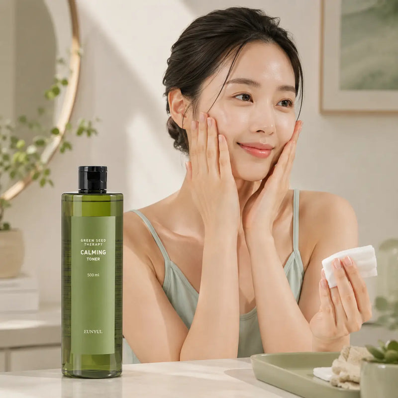 Pressing EUNYUL Green Seed Calming Toner into the skin