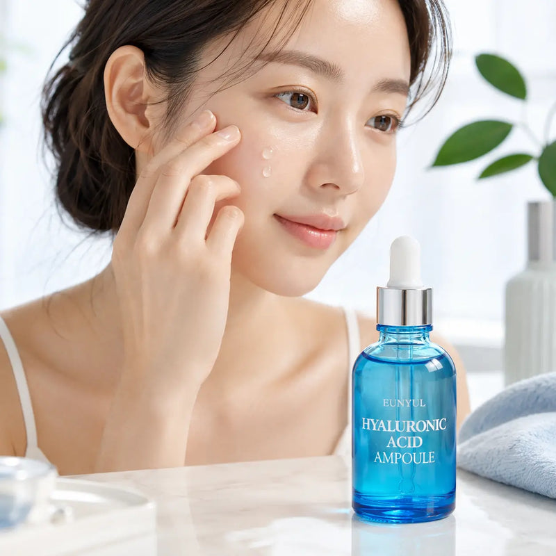 Applying EUNYUL Hyaluronic Acid Ampoule to damp cheek skin