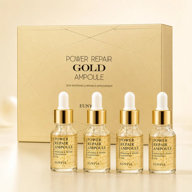 EUNYUL Power Repair Gold Ampoule set with four 17 ml dropper bottles and gold presentation box