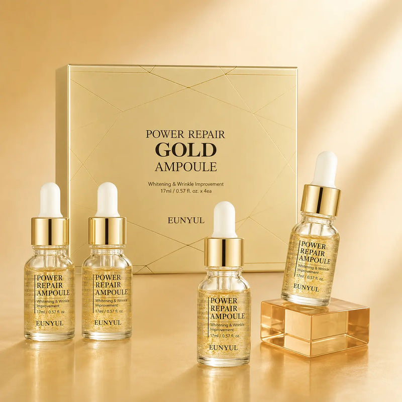 Four EUNYUL Power Repair Gold Ampoule bottles arranged with the gold box