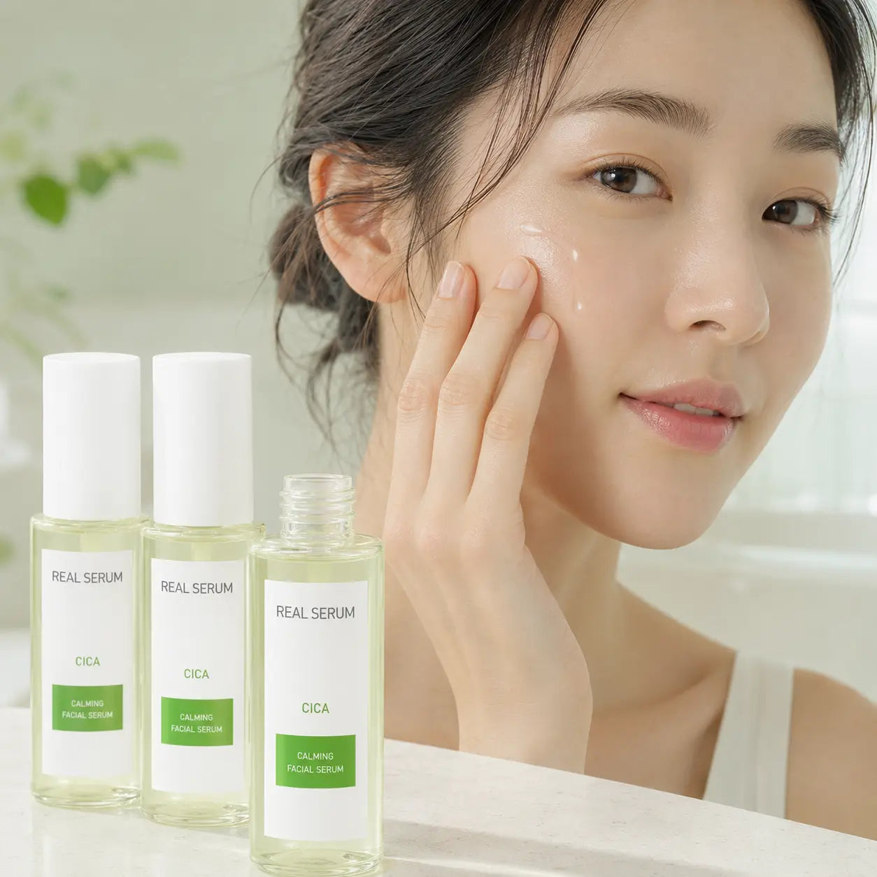 Model applying EUNYUL Real Cica Serum with three bottle set