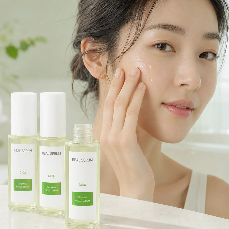 Model applying EUNYUL Real Cica Serum with three bottle set
