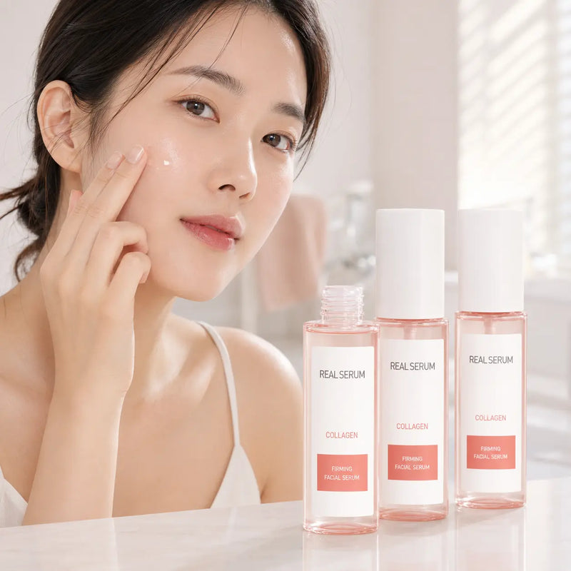 Model applying EUNYUL Real Collagen Serum with three bottle set