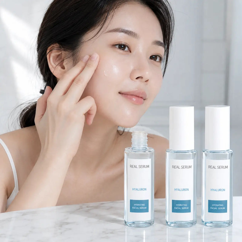 Model applying EUNYUL Real Hyaluron Serum with three bottle set