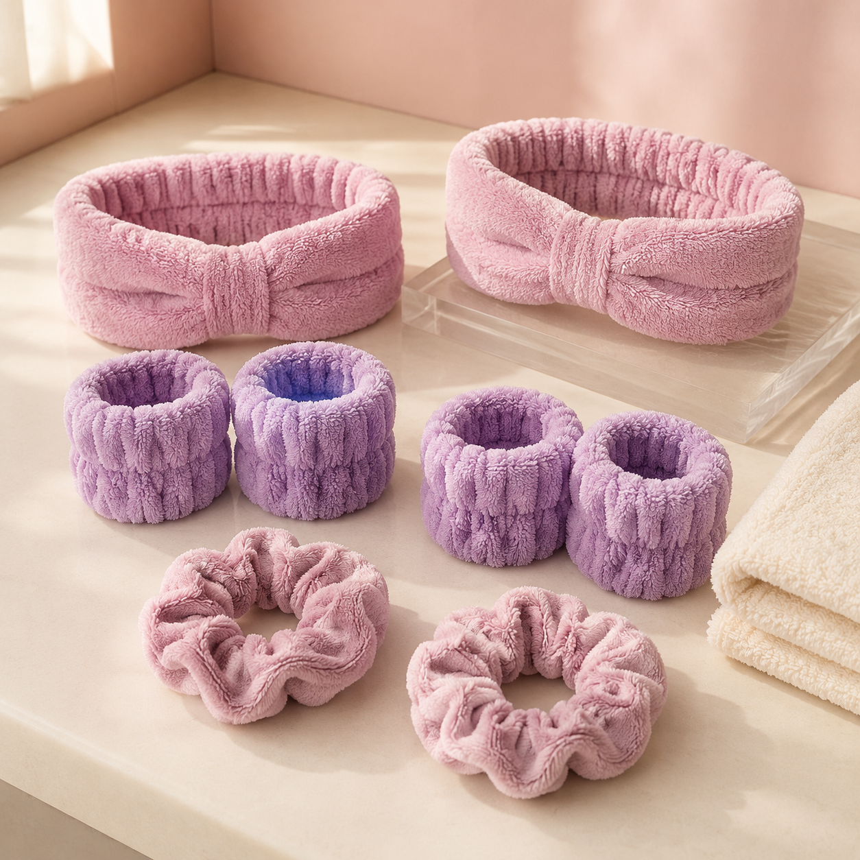 Two face-wash headbands, four wristbands, and two scrunchies in pink and purple
