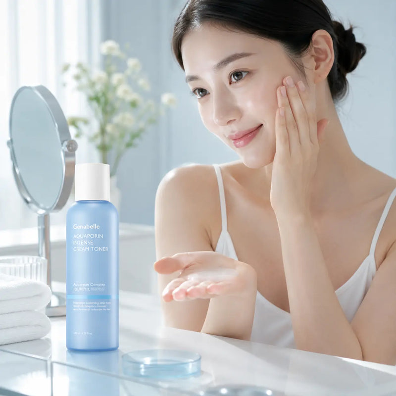 Applying Genabelle Aquaporin Intense Cream Toner by hand