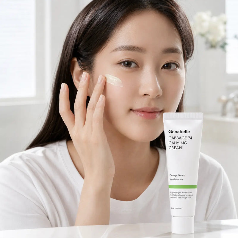 Applying Genabelle Cabbage 74 Calming Cream to the cheek