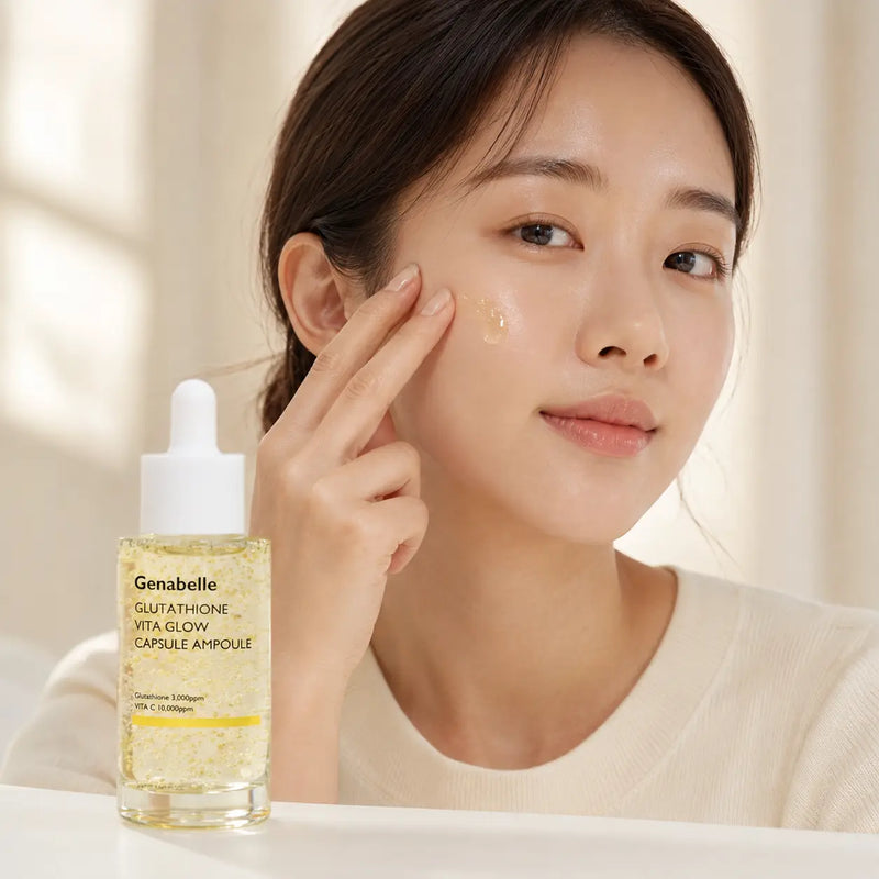 Applying Genabelle Glutathione Vita Glow Capsule Ampoule to the cheek