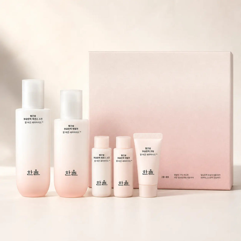 HANYUL Red Rice Moisture Firming set with essence, emulsion, travel minis, cream and gift box