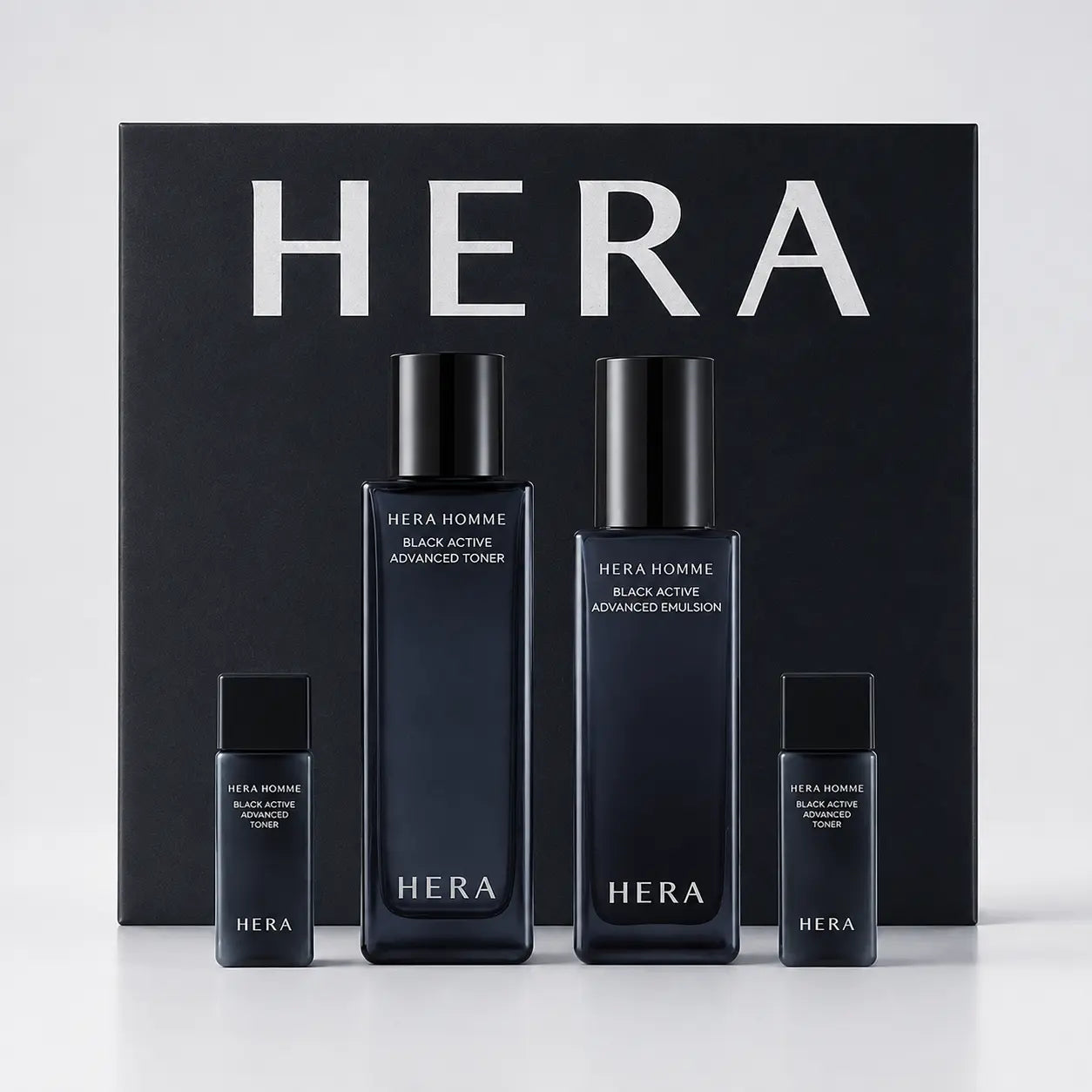 HERA Homme Black Active toner and emulsion gift set with full sizes and travel minis
