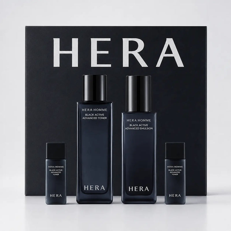 HERA Homme Black Active toner and emulsion gift set with full sizes and travel minis