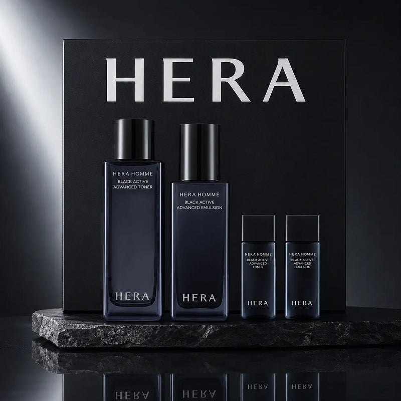 HERA Homme Black Active Special Set on charcoal stone with matte black gift box