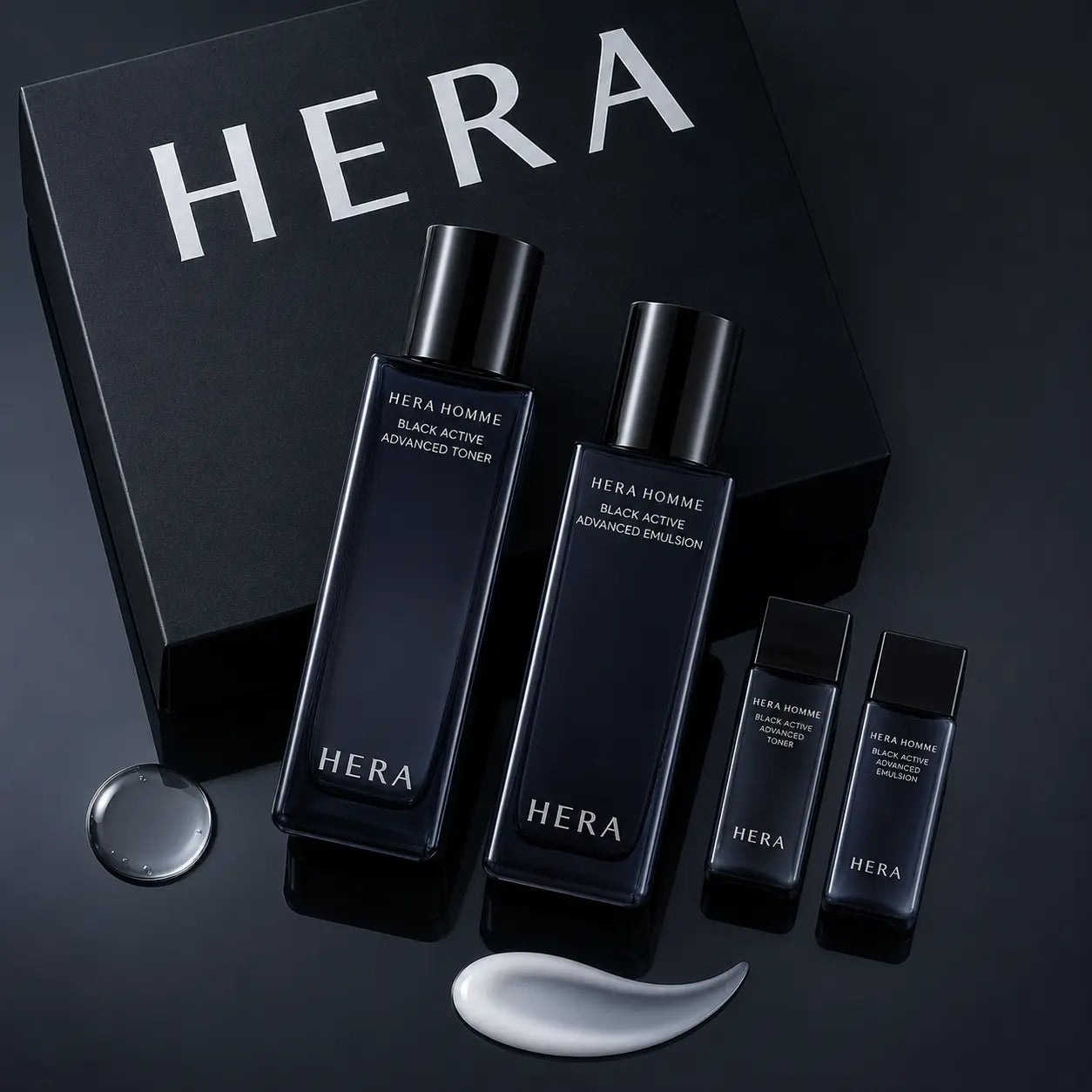 HERA Homme toner and emulsion bottles with watery and silky lotion textures