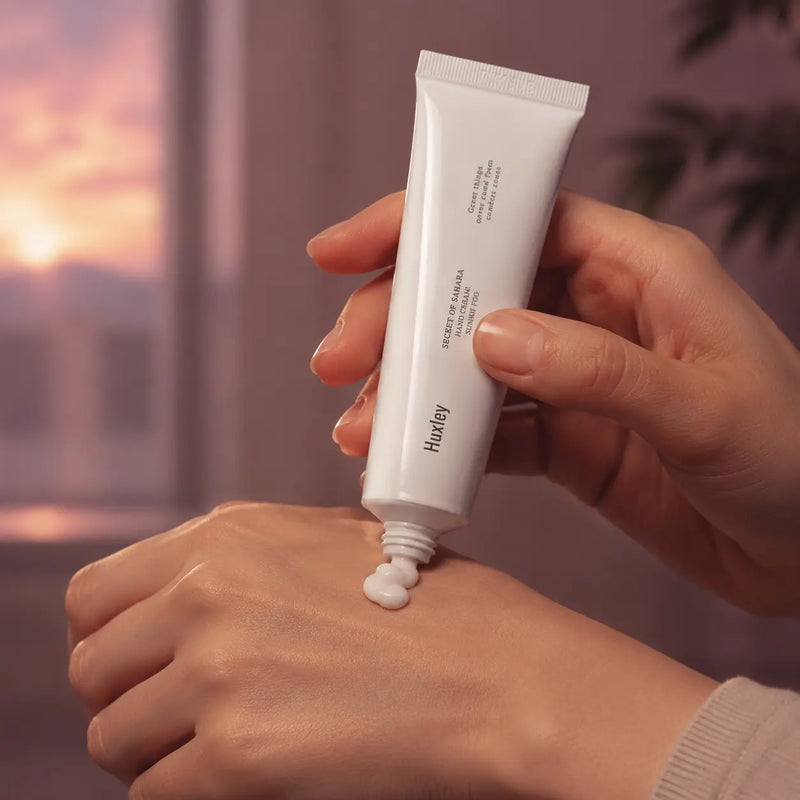Huxley Hand Cream Sunset Fog applied to hands