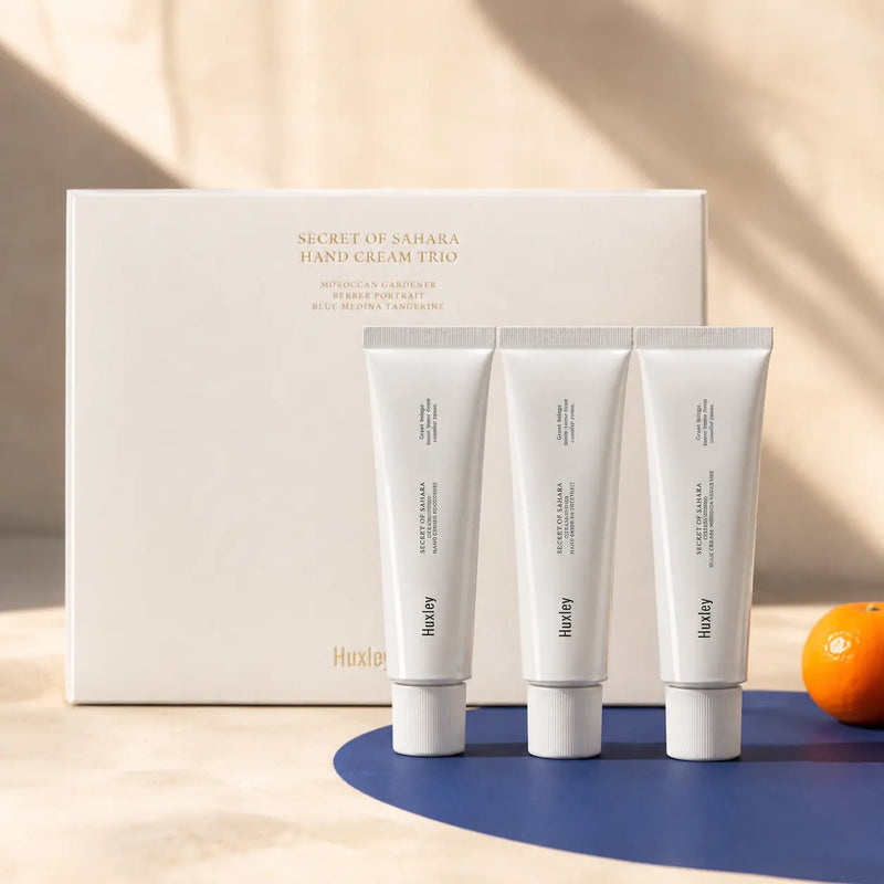 Huxley Hand Cream Trio gift box with three 30 ml hand creams