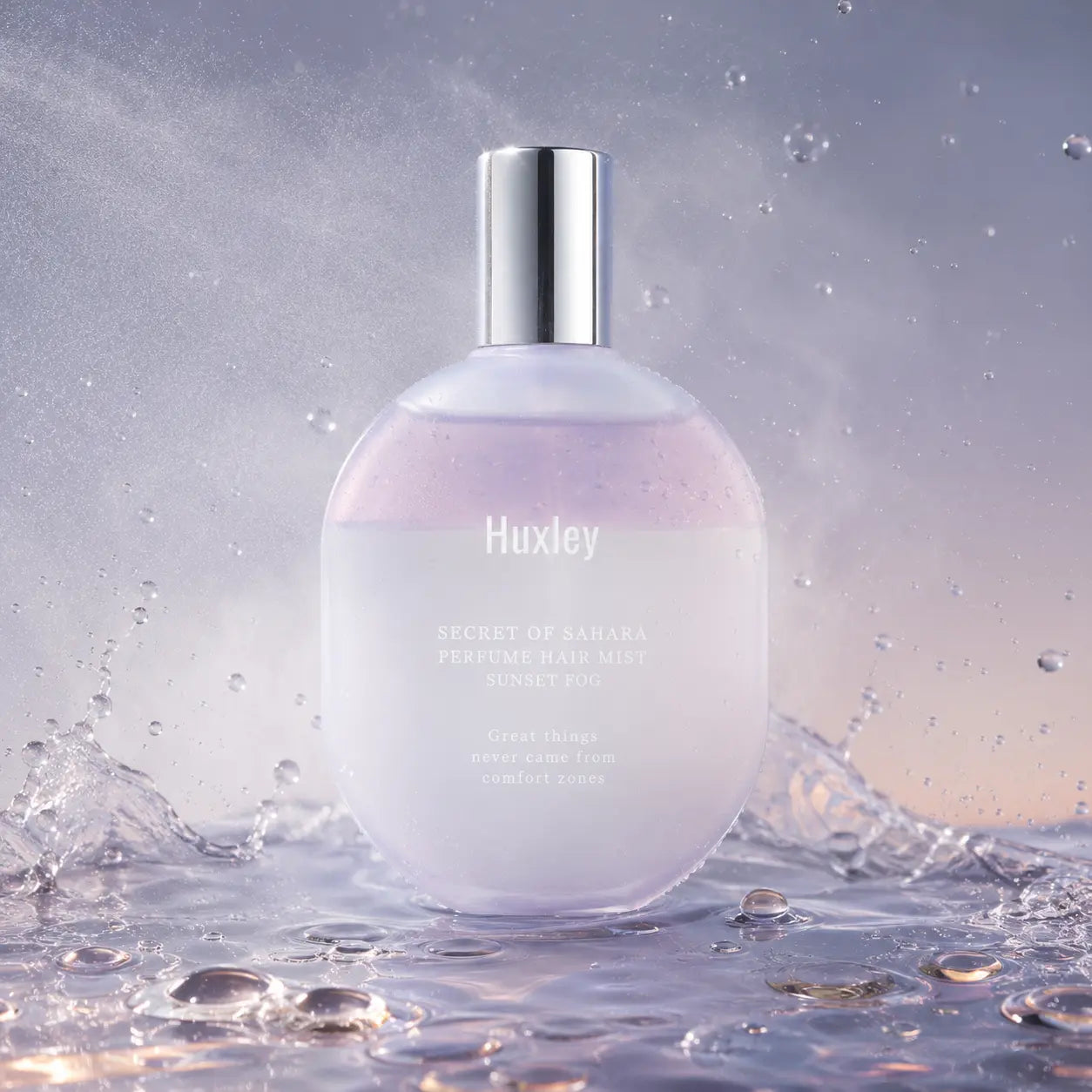 Fine dual-phase mist texture of Huxley Sunset Fog perfume hair mist