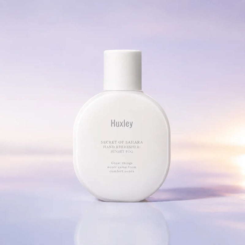 Huxley Sunset Fog hand refresher in its white 55 ml bottle