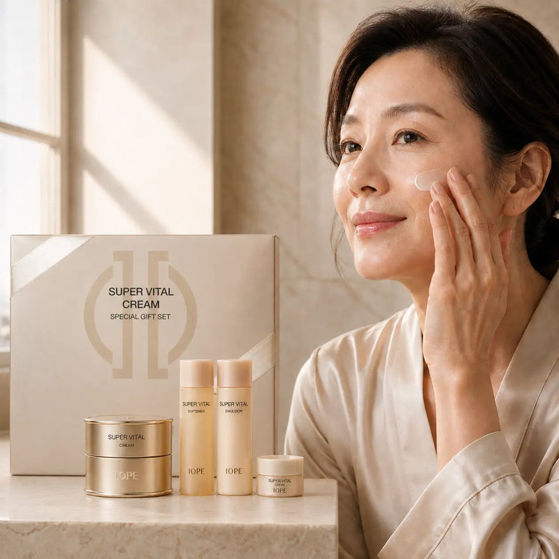 Woman applying IOPE Super Vital Cream beside four-piece gift set