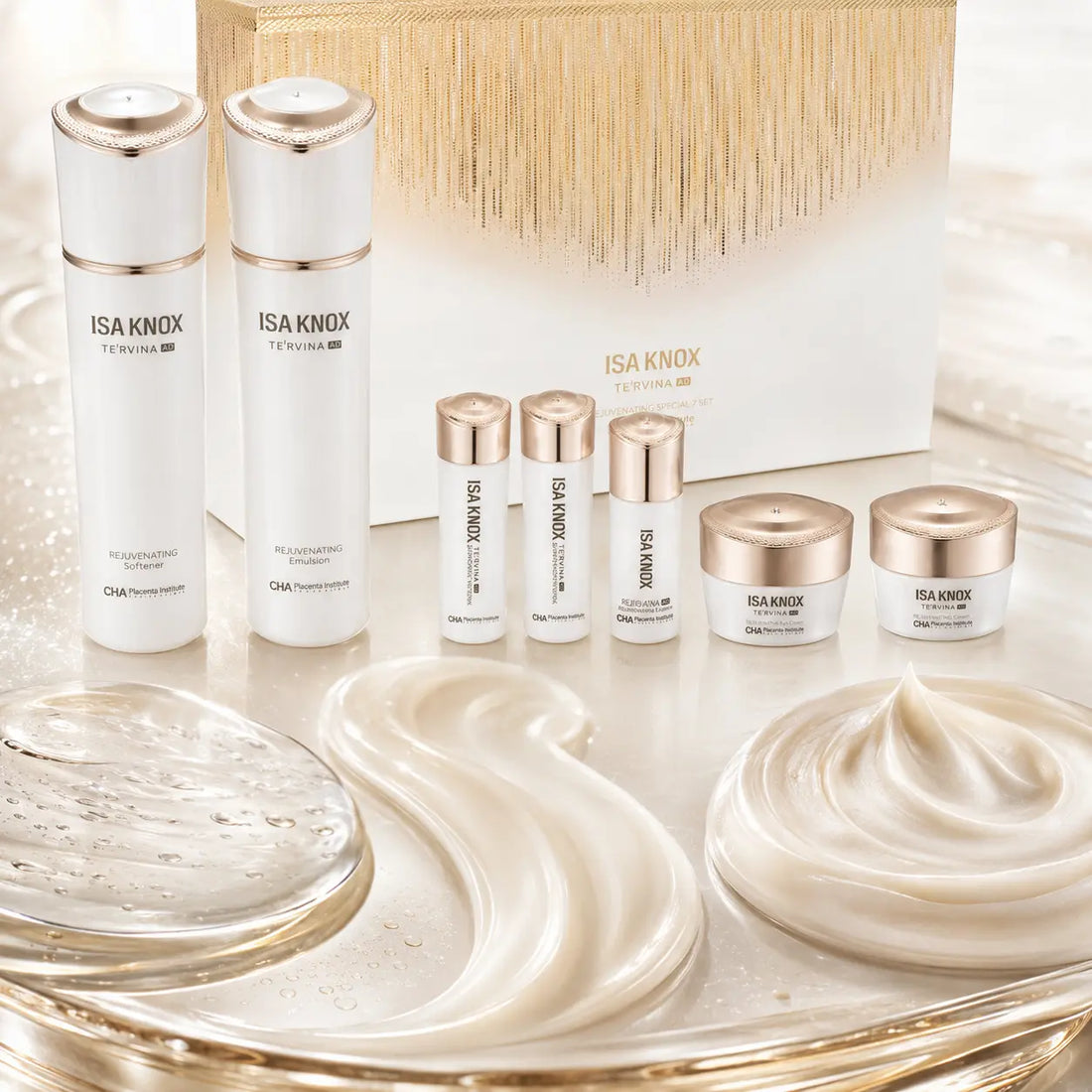 Fluid softener, silky emulsion and serum, rich satin creams
