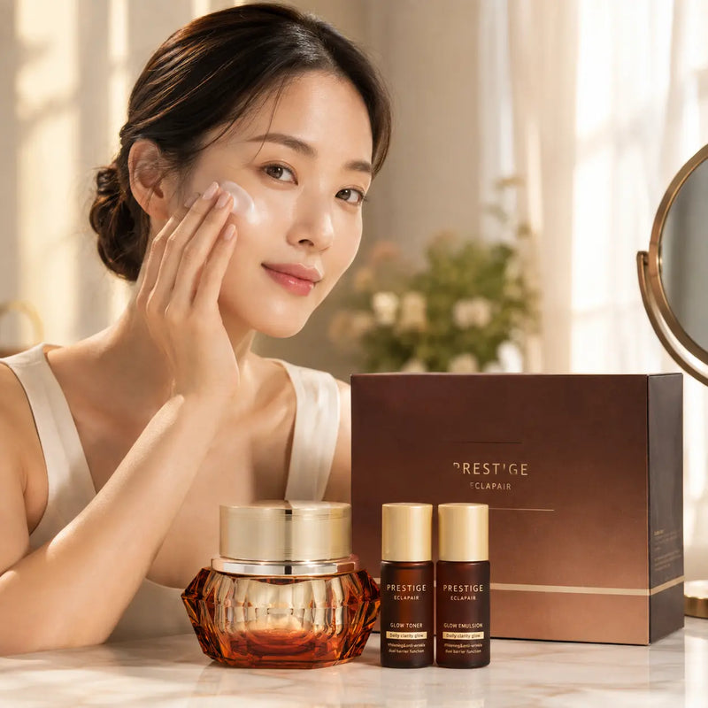 Woman applying It'S SKIN Prestige Eclapair Glow Capsule Cream to her cheek