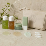 Textures of KAINE cleanser, toner, aqua cream and sunscreen travel minis