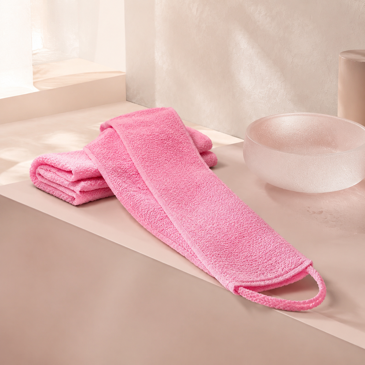 Pink long exfoliating shower towel folded on a warm blush spa bench