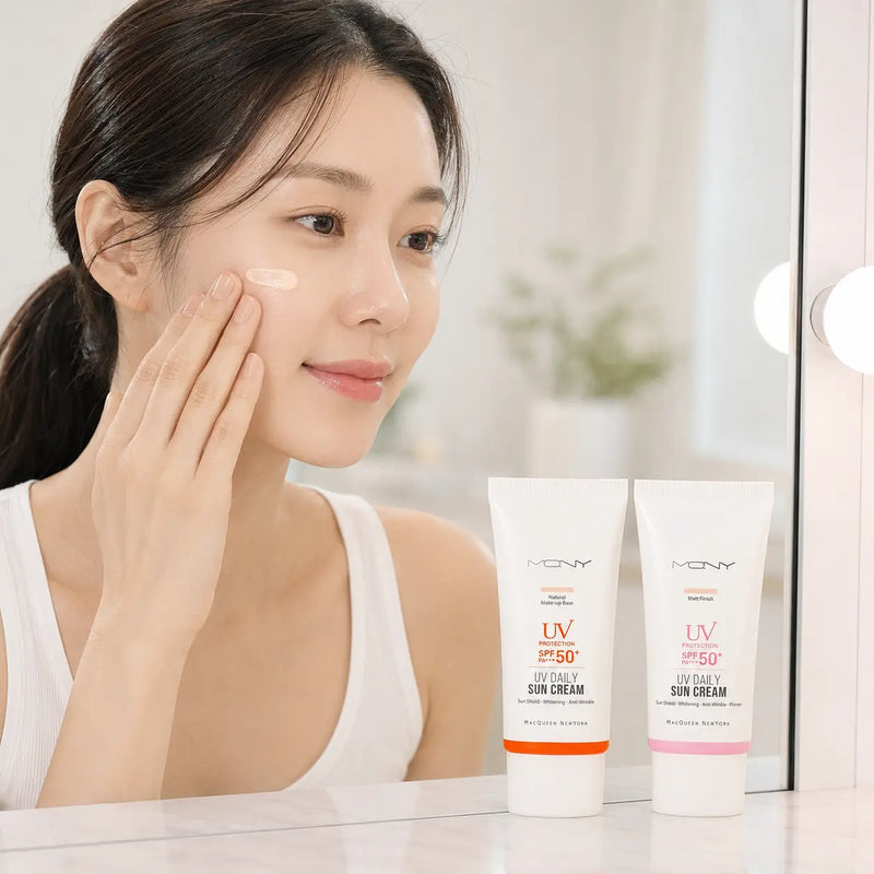Woman applying MACQUEEN UV Daily Sun Cream before makeup