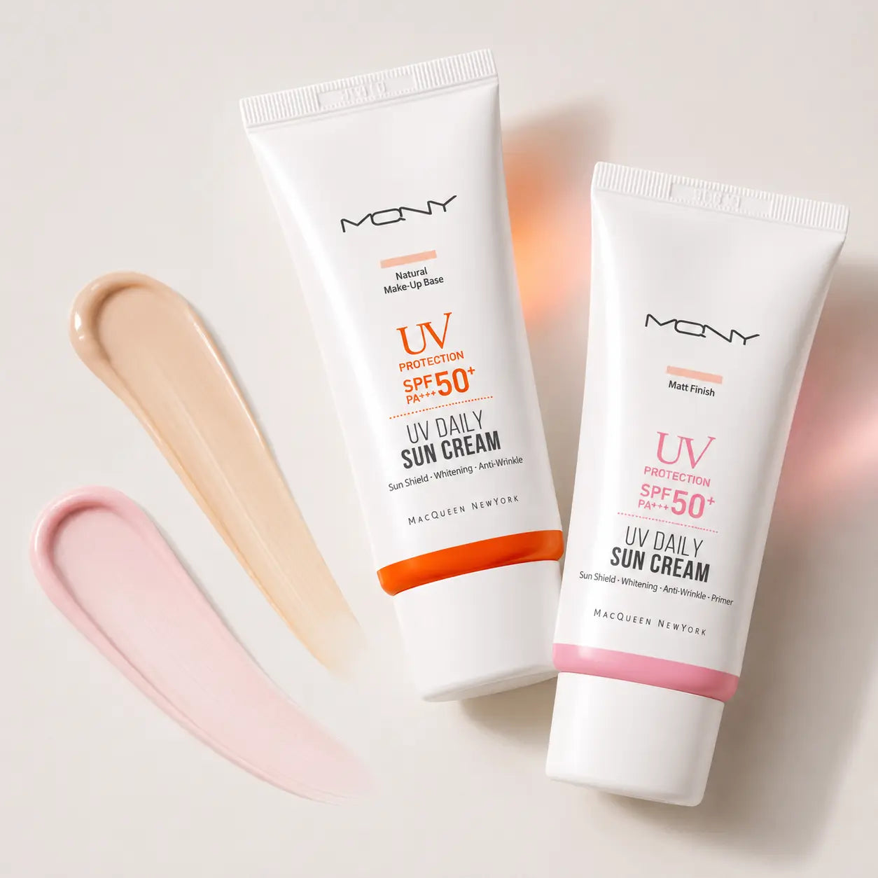 Natural beige and soft pink textures of MACQUEEN UV Daily Sun Cream
