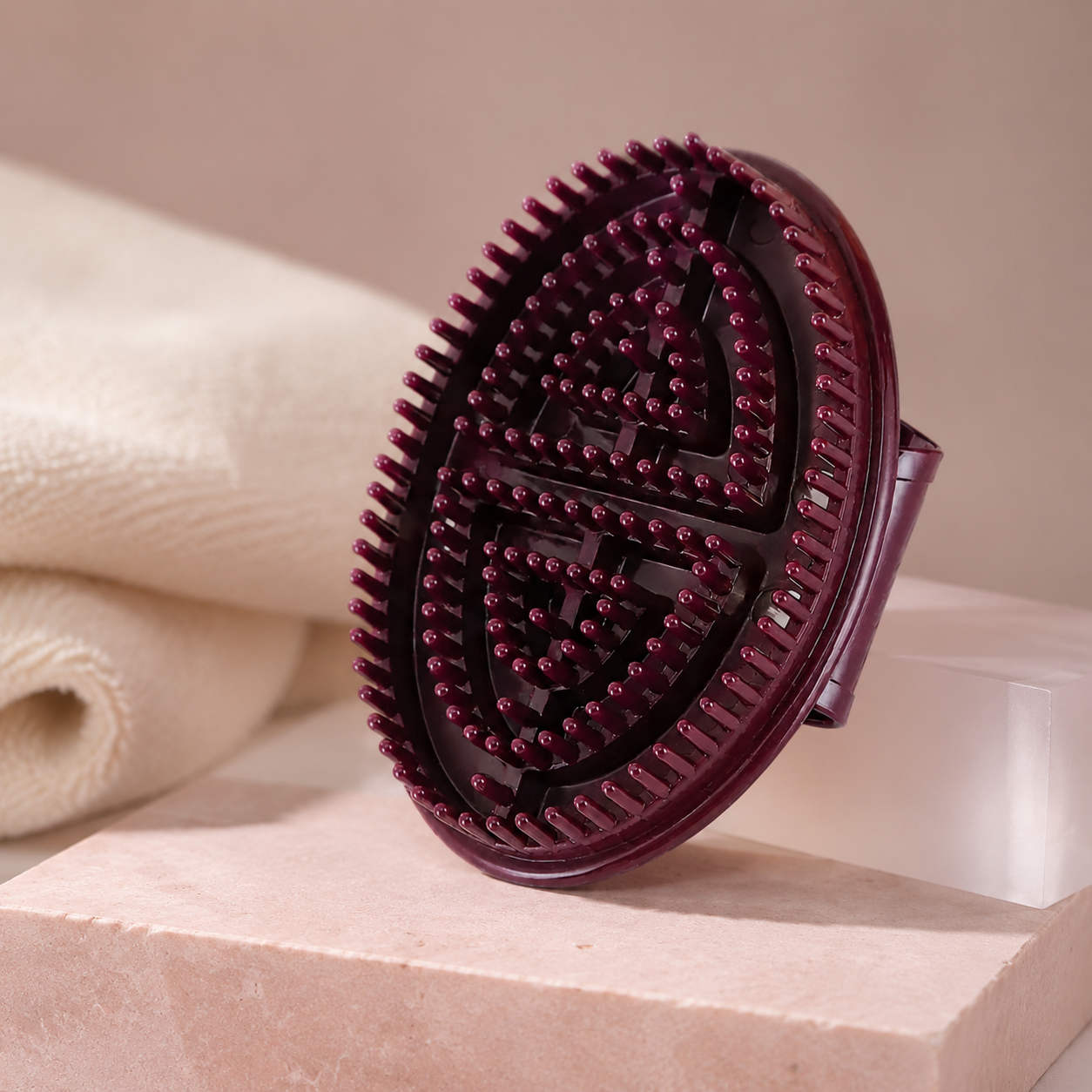 Deep burgundy oval manual massage brush on a blush stone pedestal